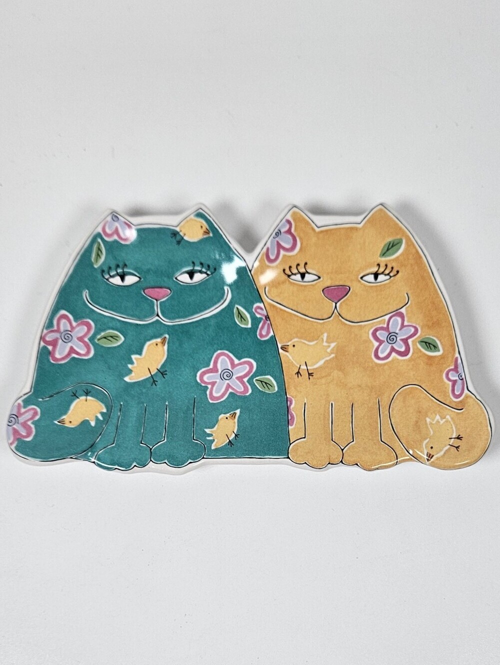 Vintage Via Design Ancona Cat Spoon Rest Trinket Dish Floral Bird Ceramic - 1995